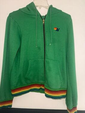 Aviator Nation Green Zip Hoodie with Rainbow Hem